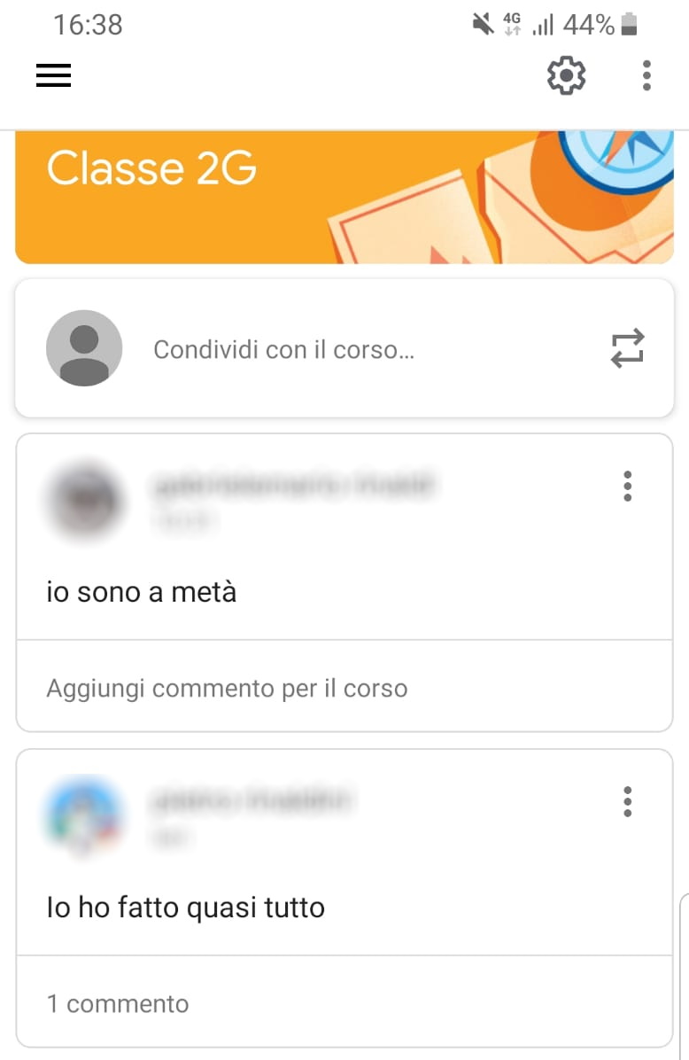 Un messaggio nella chat didattica della classe 2G