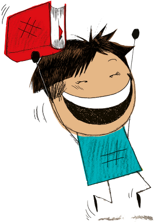 Un bimbo salta esultante tenendo in mano sopra la testa un libro rosso