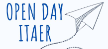 Il logo dell'Open day ITAER, il disegno di un aeroplanino di carta che volteggia lasciando una traiettoria di puntini