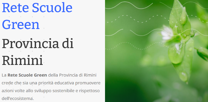 La home page del sito della rete Scuole Green della provincia di Rimini con una pianticella verde coperta di gocce di rugiada