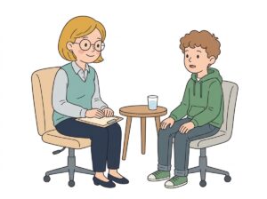 Illustrazione a cartoon su sfondo bianco raffigurante una psicologa bionda con occhiali e uno studente di scuola media seduti uno di fronte all'altro durante un colloquio per lo sportello d'ascolto.